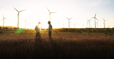 Students working in a field with windmills