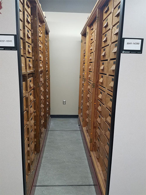 Rows of cabinets with different wood samples