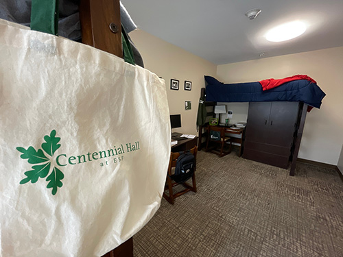 A centennial hall cloth bag hanging in the triples room. A bunk bed with study table below is visible on the other end of the room