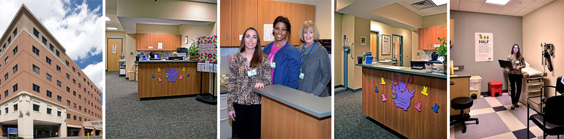 Collage of 5 images left to right - Crouse medical building, reception area, staff members at Crouse, Reception area and a staff member holding a laptop in an examination room