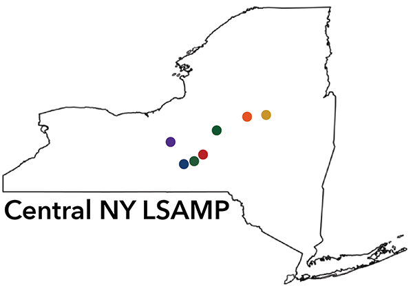 map of new york which shows different L S A M P colleges as different colored dots