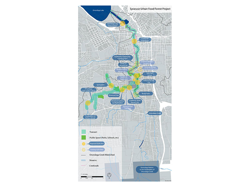 Satellite map showing different Syracuse Urban Food Forest Projects 