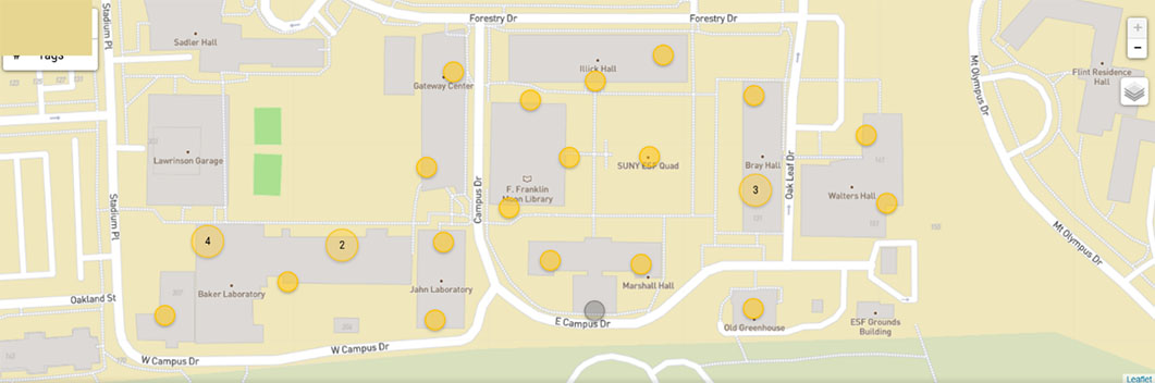 Campus map showing32 air qulity monitoring devices across campus
