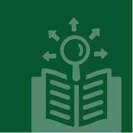 Book and magnifying glass icon on green background.