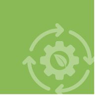 Circle of arrows and gear icon on light green background.
