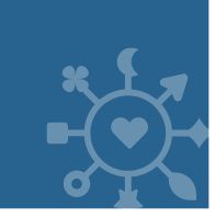 Circle of symbols with a heart in the center on blue background.
