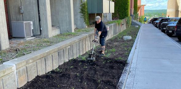 Shane using an electric tiller 