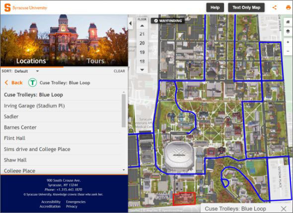 map of Cuse Trolley's blue loop