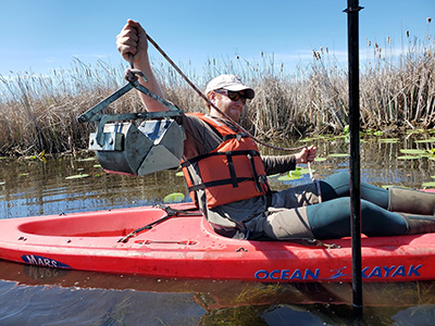 Thornton Ritz collects bottom sampling with Ponar dredge in a river study wetland